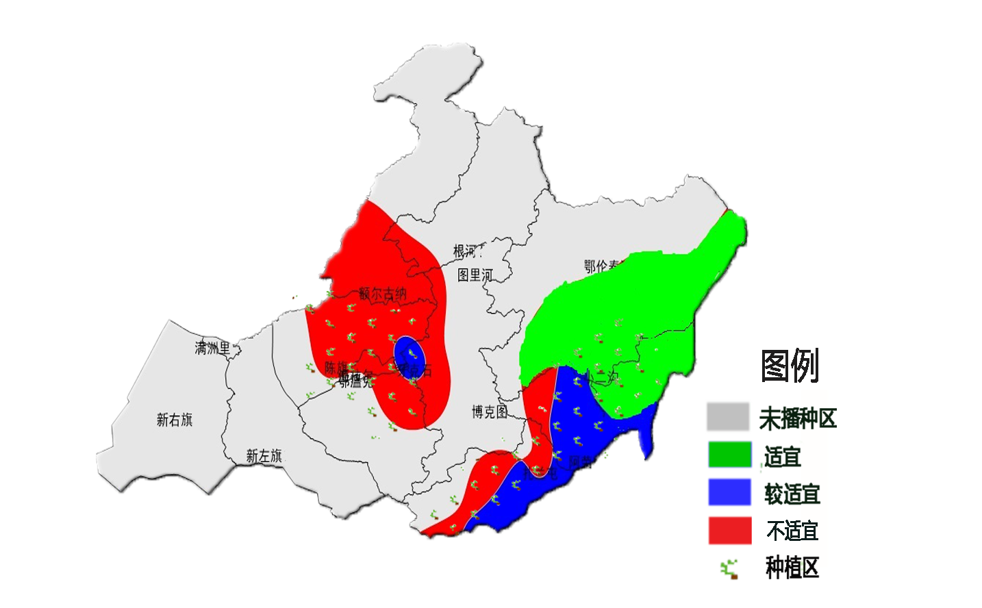 岭东扎兰屯及岭西大部地区为不适宜,阿荣旗及莫旗南部为较适宜,莫旗图片