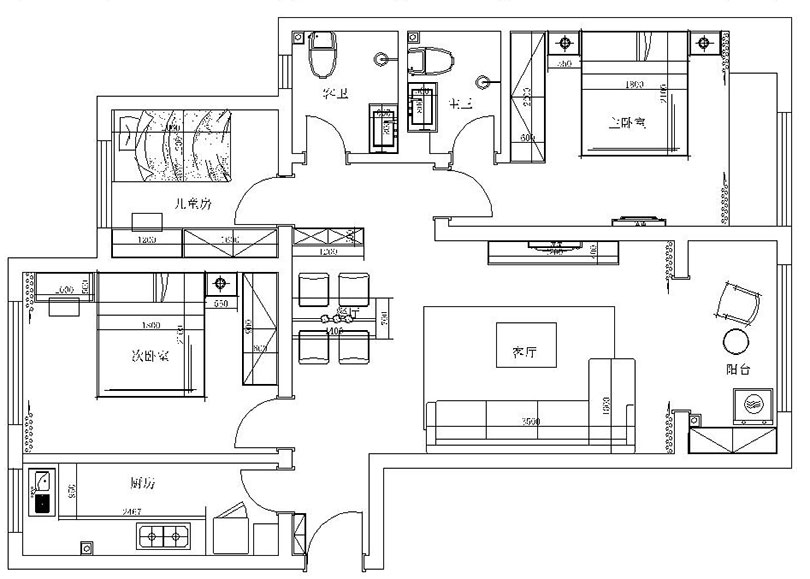 正商华钻120平三室两厅简欧装修效果图——户型布局方案