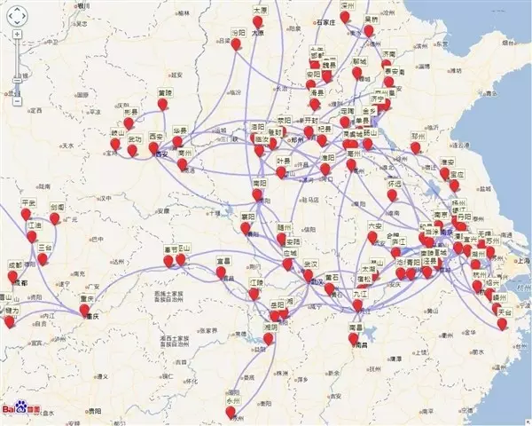 [ 古代诗人的游历轨迹地图 ] 李白轨迹地图(局部) 点开李白的游历轨迹