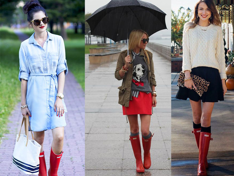 甜美女人味的红色雨靴,搭配洋装更凸显出双腿白皙肤色▌好搭指数90%