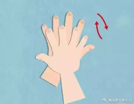 第三步,掌心相对,双手交叉,沿指缝相互揉搓,洗净指缝.