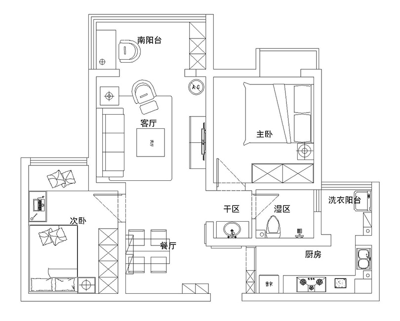 室两厅一卫装修案例平面设计方案汉飞壹号华府装修效果图85平两