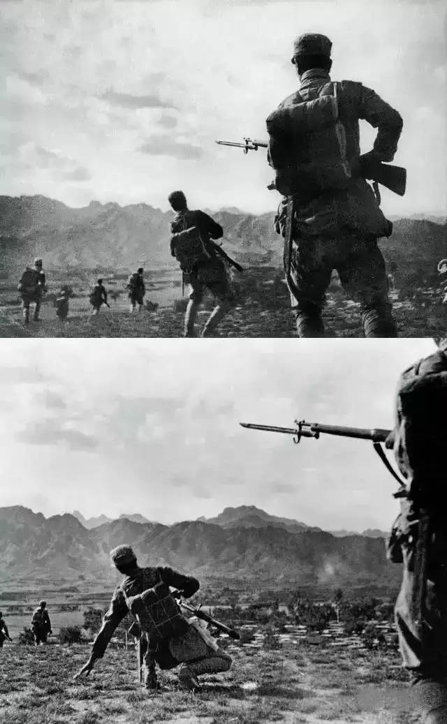 ▼1940年冬,北岳区反扫荡战斗,士兵在冲锋时中弹倒下.沙飞摄影.