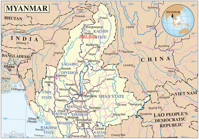 中国接近的克钦山地胡康河谷(hukawng valley地图上标注的"ambermines