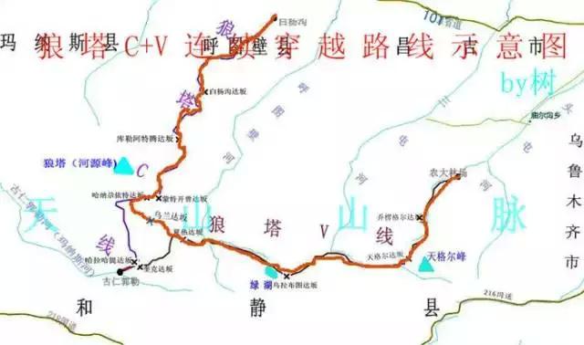 狼塔路线图 狼塔位于新疆北天山呼图壁河大峡谷,其中狼c路线以三高