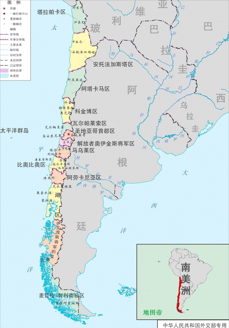 智利位于南美洲西南侧,西邻太平洋,东与阿根廷接壤,北与秘鲁和图片