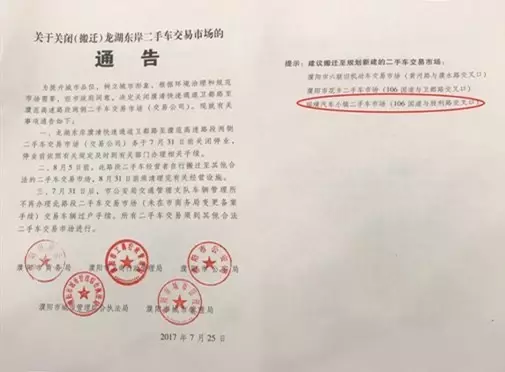 濮阳五局委联合下发《关于二手车交易市场的通告》