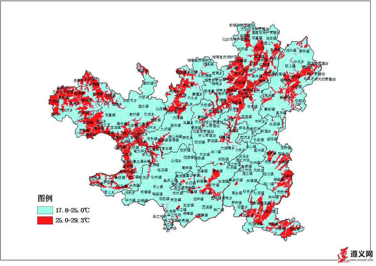 文化    从遵义乡镇平均气温分布图来看,除赤水河谷一带高温外(红色