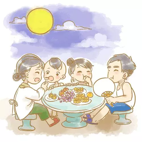 小时候的中秋节, 一家人围坐在一起吃着月饼赏着月