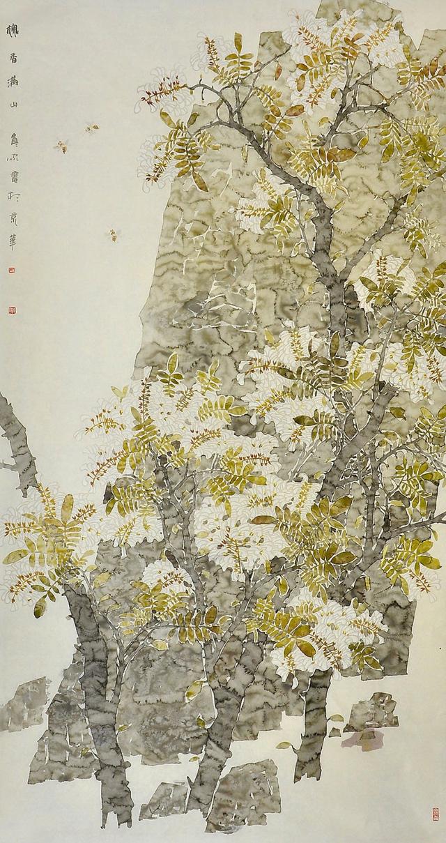 "槐花"在中国花鸟画的传统里鲜有出现,画家荆贵家以"槐花"为题材的