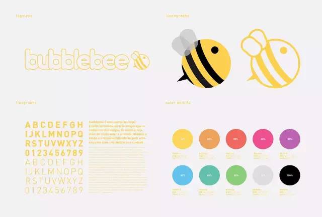 logo 是对话气泡与蜜蜂的结合,从文字上可以看到缤纷的用色.