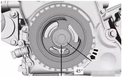 正时链条的拆卸    转动曲轴至1缸活塞上止点前45°.
