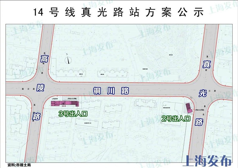 1,2,4,10,11号出入口的位置规划示意图标明了真新新村站位于铜川路(祁