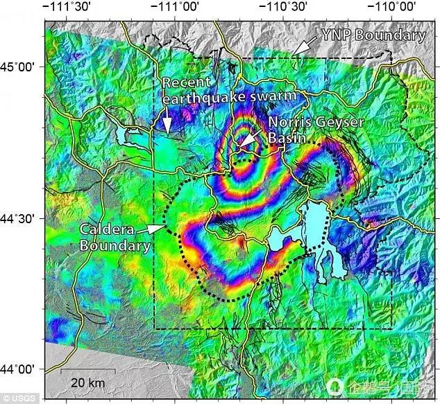 美国地质调查局的一张新地图显示,黄石火山口周围的地面在两年的时间