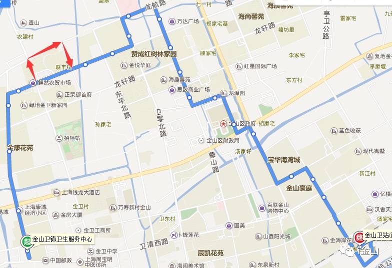 铁路金山卫站(南广场)始发,循原线,经龙皓路,海帆路,龙航路,学府路,龙