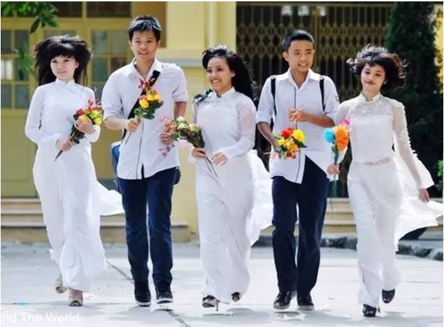 越南校服最大的特色就是,一些学校会把越南传统服装奥黛作为女生校服.