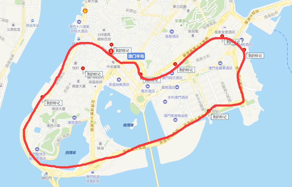 半马路线1:参考澳门国际马拉松赛道路线