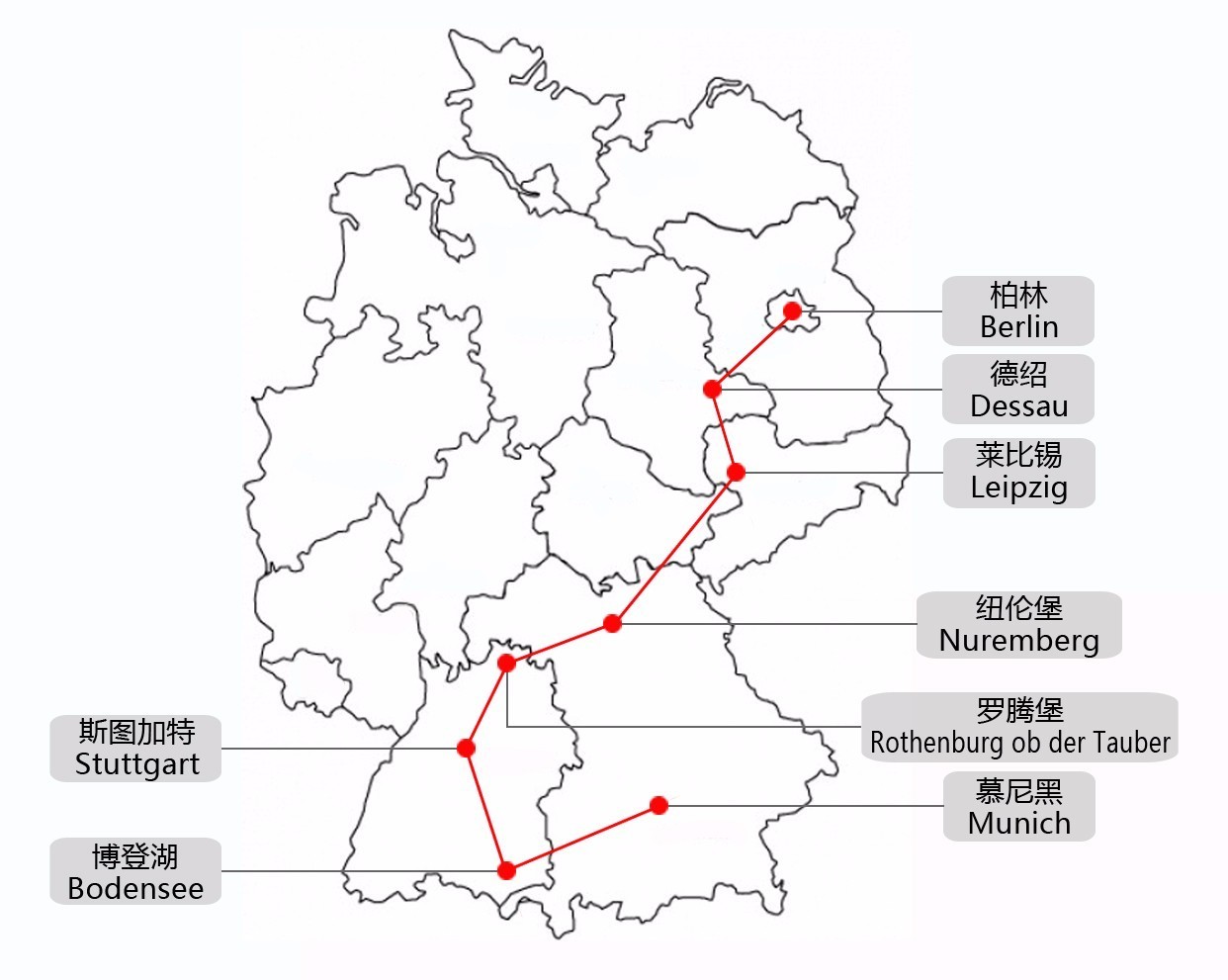 游学城市 柏林,德绍,莱比锡,纽伦堡,罗腾堡,斯图加特,慕尼黑