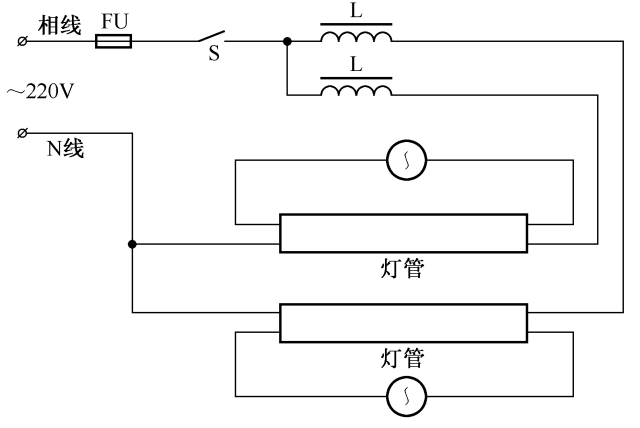 36种常见照明电路图 1.双荧光灯户外广告双灯管接线电路