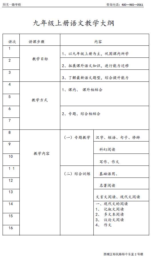 内容目录 1-阳光一路初三2017秋季课表 2-初三教学大纲 语文教学大纲