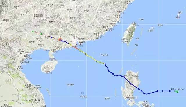 27日下午3时,台风"帕卡"(热带风暴级)中心位于北纬22点9度,东经111点3