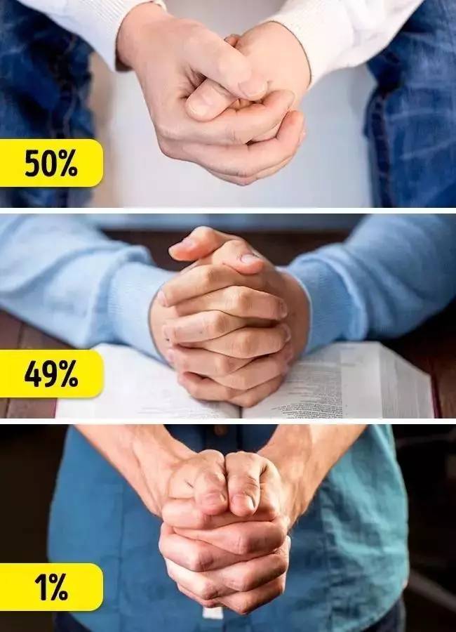 握手方式 如图,当自己两手相握,大致有三种方式,会将大拇指并排放在