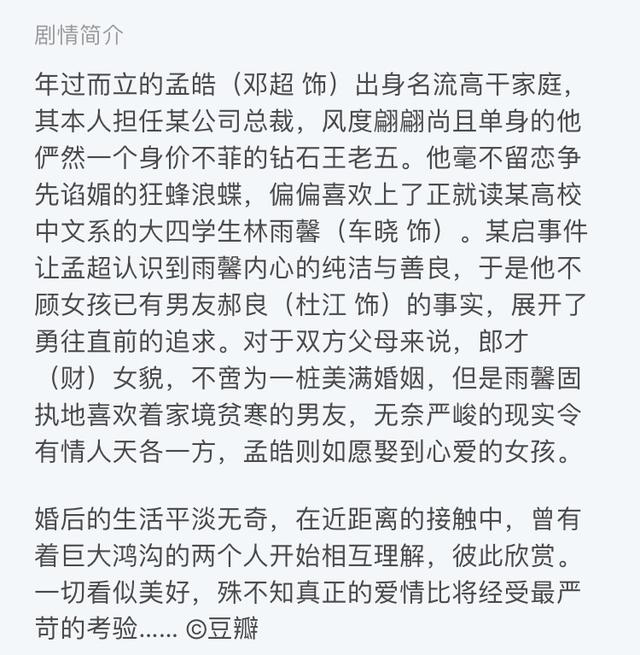 然后他们结婚了,在各种狗血误会里,林雨馨爱上了孟皓,结局是孟皓因为