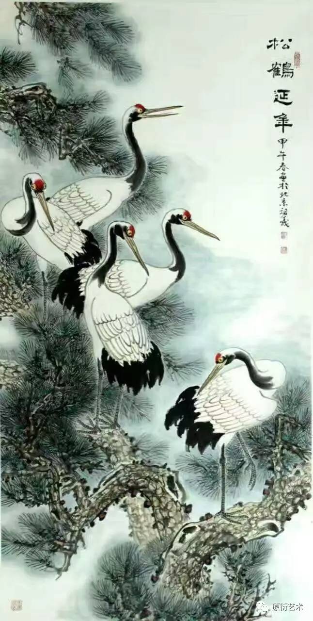 在生活中寓意万古长青,长寿,因此在书画中常常松鹤同画,寓意健康长寿