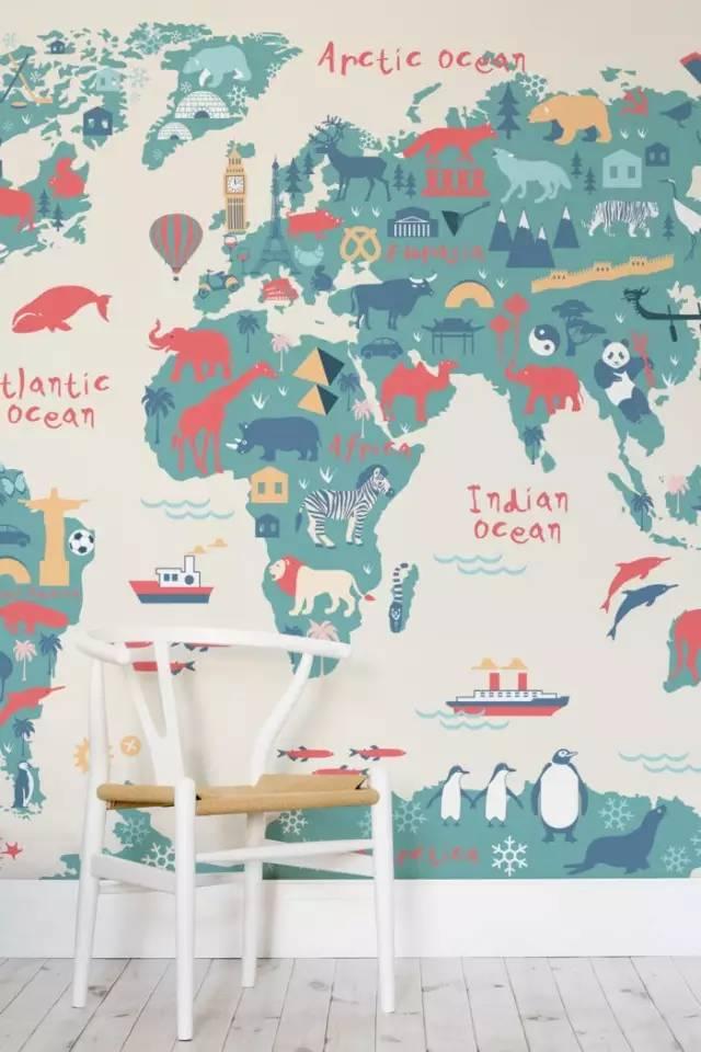 儿童房内最适合贴上世界地图的壁纸了,有趣的图案也有利于激发盖子的