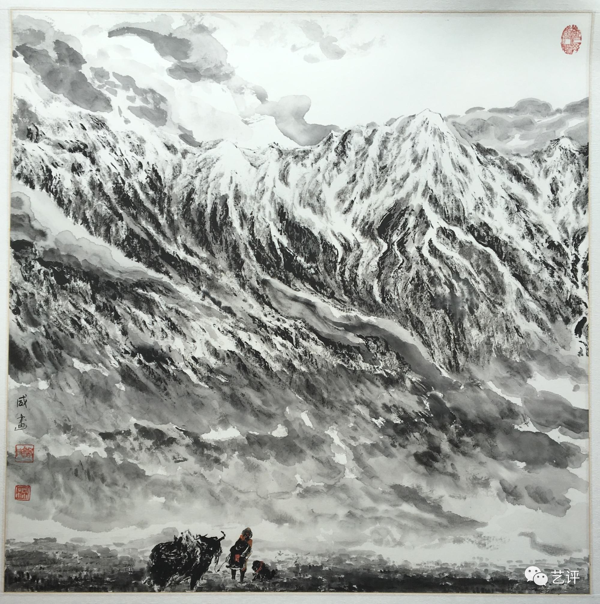 雪山白树黑土地 宣纸 / 山水 / 68x68cm / 2016 胜咸的作品多以山势