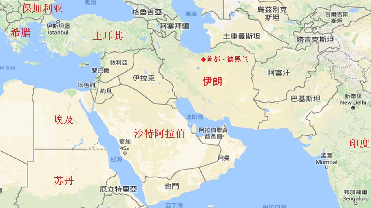 伊朗与中国位置地图