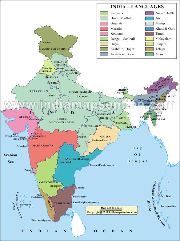 印度国内语言的分布图
