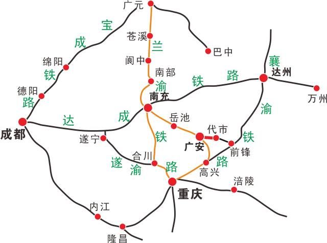 (成都经达成铁路至南充,接入兰渝铁路,可到兰州)