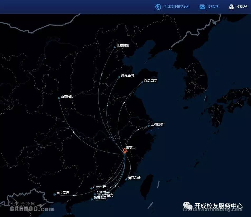 武夷山机场-飞常准航线网络图 map.variflight.com