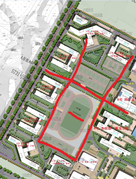 新校区整体道路布局,隐含"甘中"二字,为:甘肃中医药大学校名简称,鸟瞰