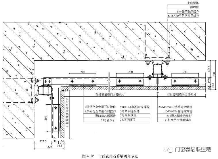 图3-104 干挂花岗石幕墙135阳角节点 图3-105 干挂花岗石幕墙阴角节点