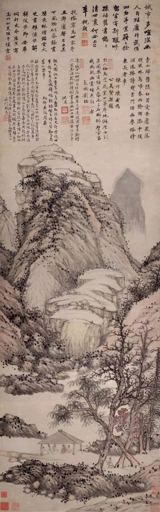 沈石田【沈周】 沈周山水 中国掛軸 絹本 山水画 風景画 茶掛 書画 絵画