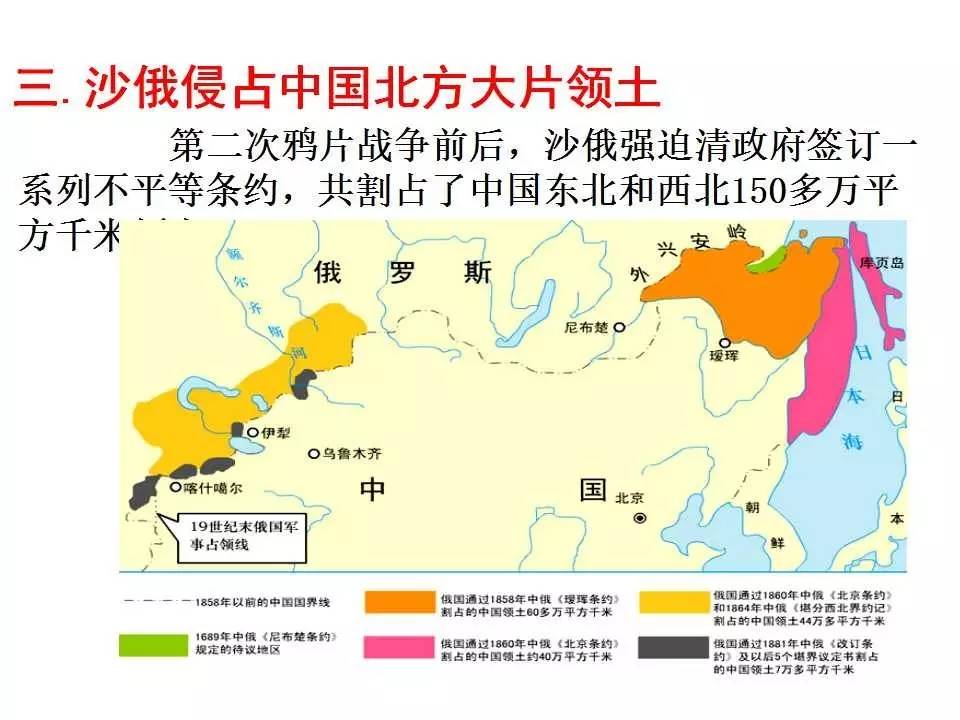 《天津条约》《北京条约》内容;掌握沙俄侵占中国北方大片领土的史实