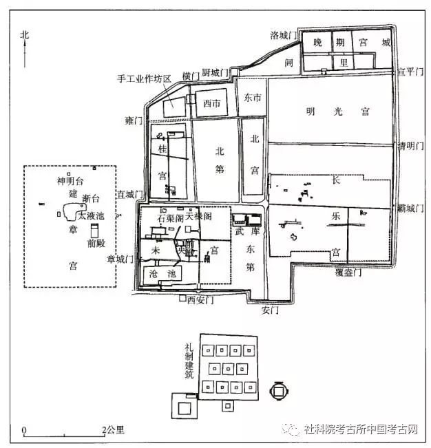 图一 汉长安城遗址平面图 宫城之内的宫殿,官署等,又都各自构成封闭