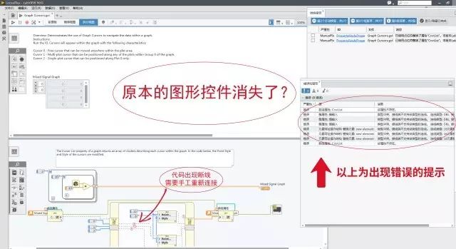 转换前的labview 2017中自带的范例程序"graph cursors.vi"如下图