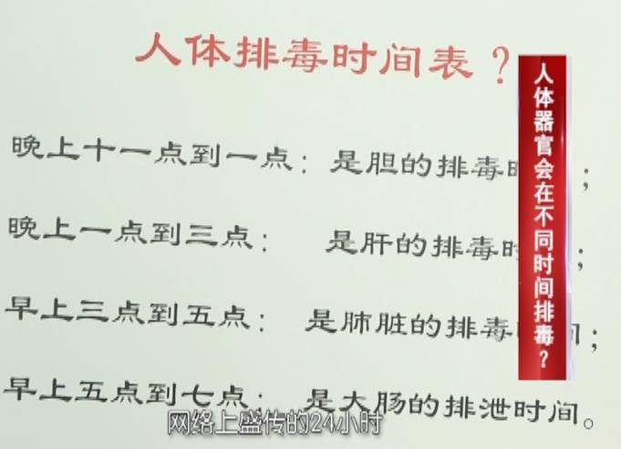 网络上盛传的24小时人体排毒时间表,文章是这样说的,人体有很多器官