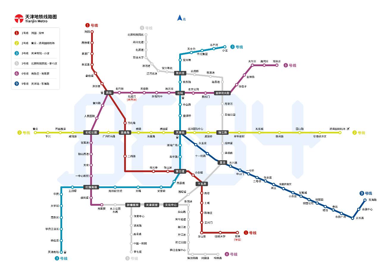 附:天津地铁线路图和换乘站 西南角:可换乘线 天津站:可换乘3号线