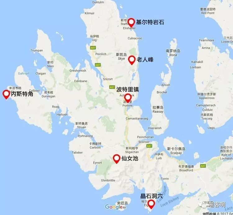 图 天空岛景点大概地图▲图 波特里镇portree▲图 老人峰old