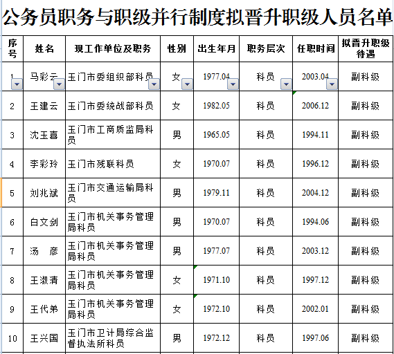 玉门市公务员职务与职级并行拟晋升职级人员公示公告