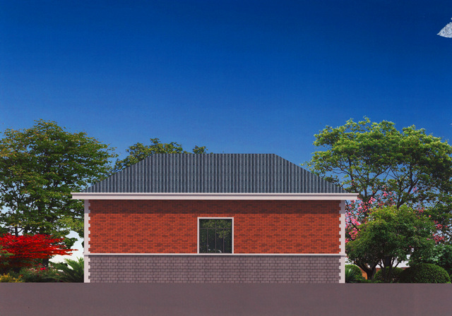 为农村120平一层平房设计图,预算10万左右,含外观效果图,暗红色的墙砖