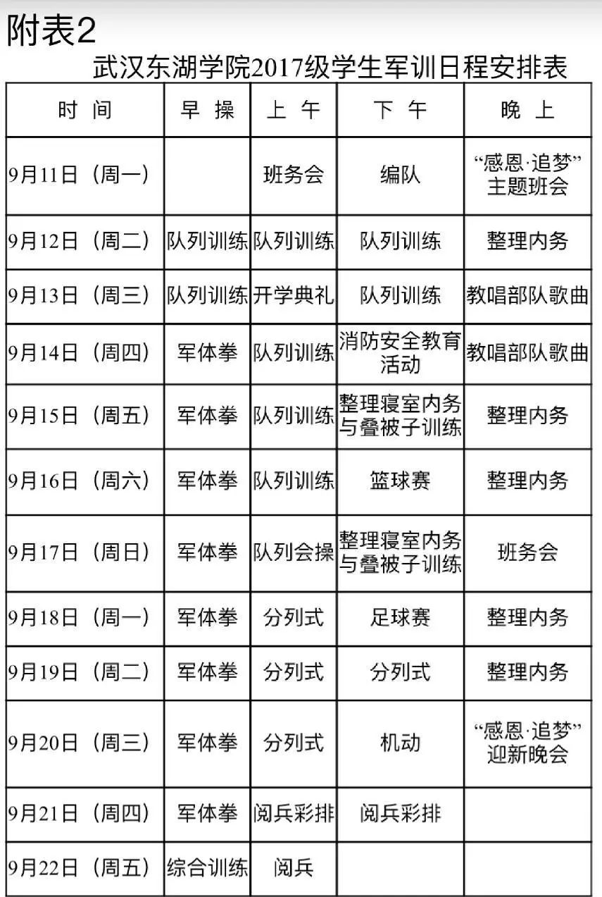 军训丨武汉东湖学院新生军训作息训练时间安排表