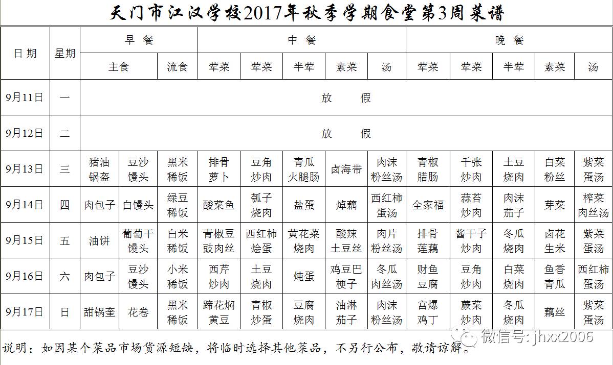 江汉学校2017年秋季学期食堂第3周菜谱