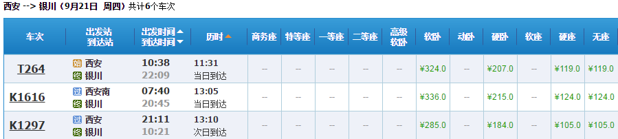 西安→银川 火车