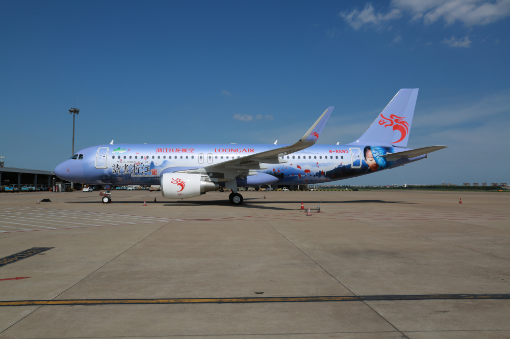 是浙江省旅游局与浙江长龙航空合作打造的首架彩绘飞机,双方在杭州