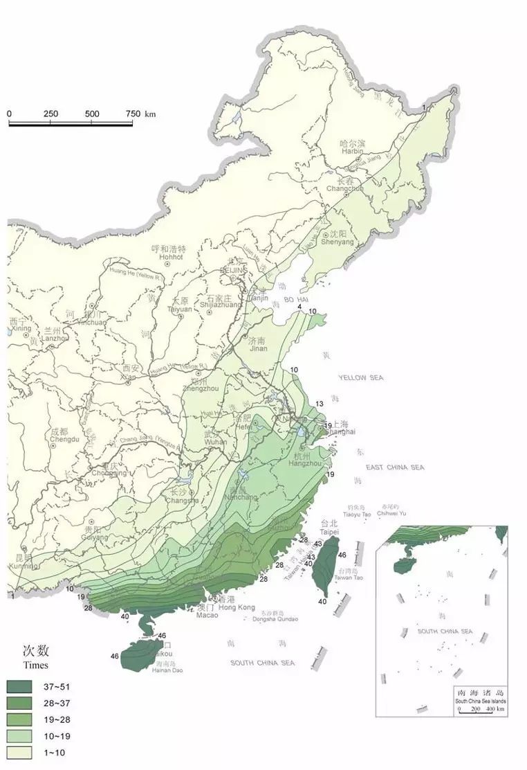 这是东部影响严重的台风次数(1949-2000年).
